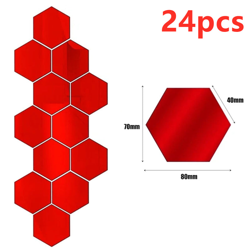 12/24Pcs 3D Hexagon Mirror Wall Stickers DIY Removable