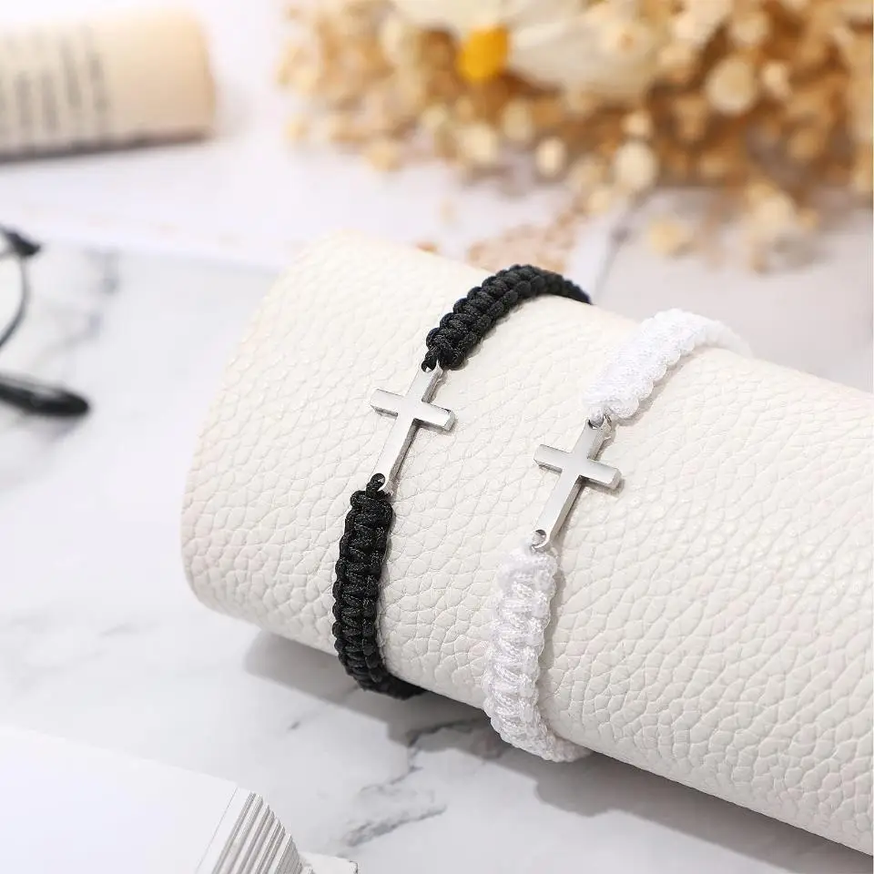 Simple Cross Black White Braided Rope Couple Bracelets