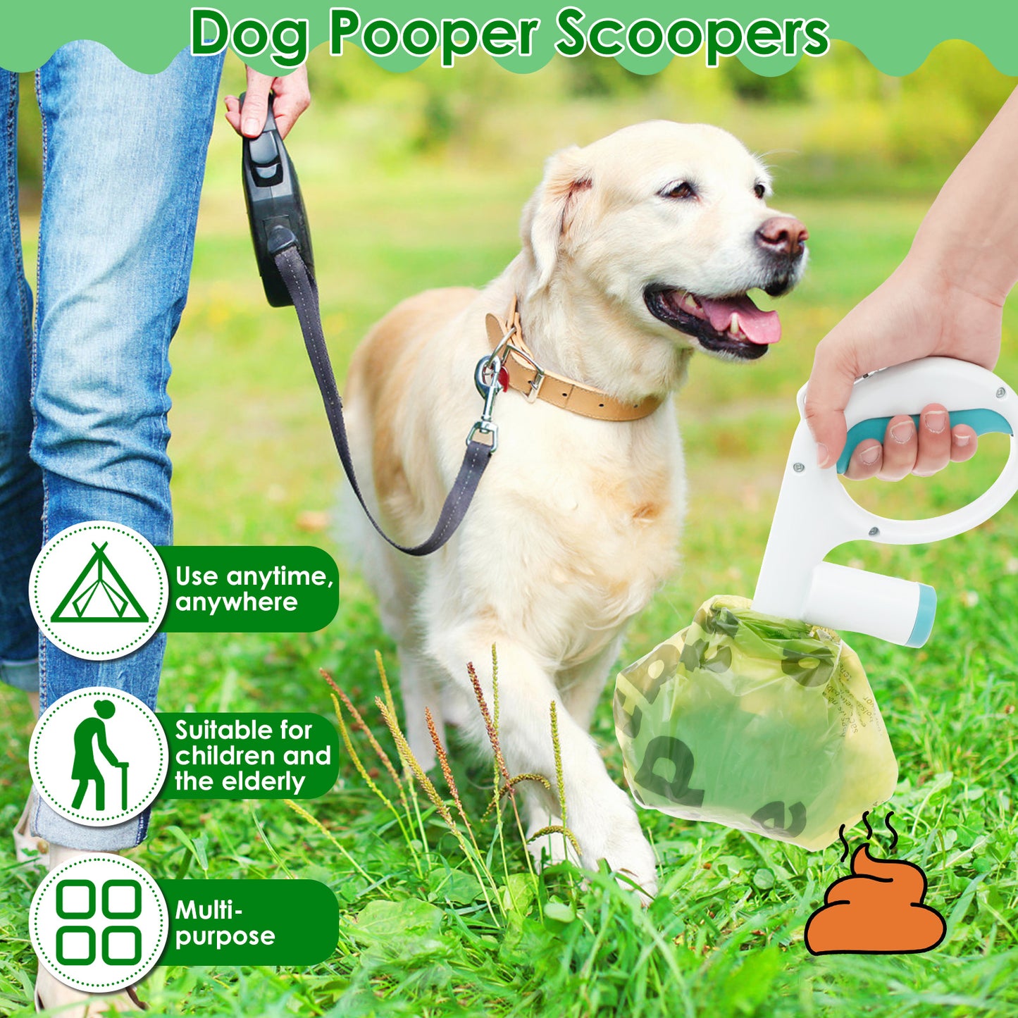 2Pcs Dog Pooper Scooper ABS One Button Dog Waste Scooper with 2 Roll