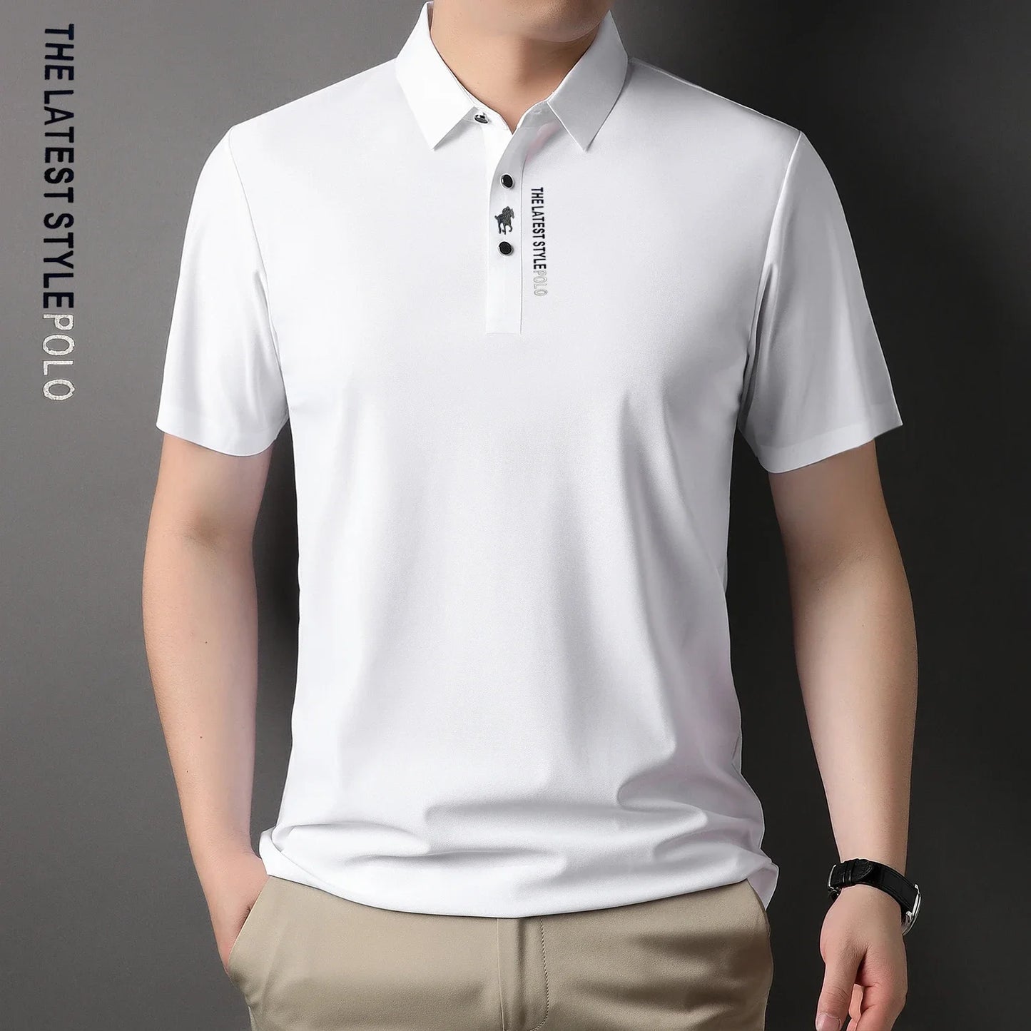 Ice Silk Embroidery Polo Shirt 2024 New Summer Lapel Elasticity T-shirt