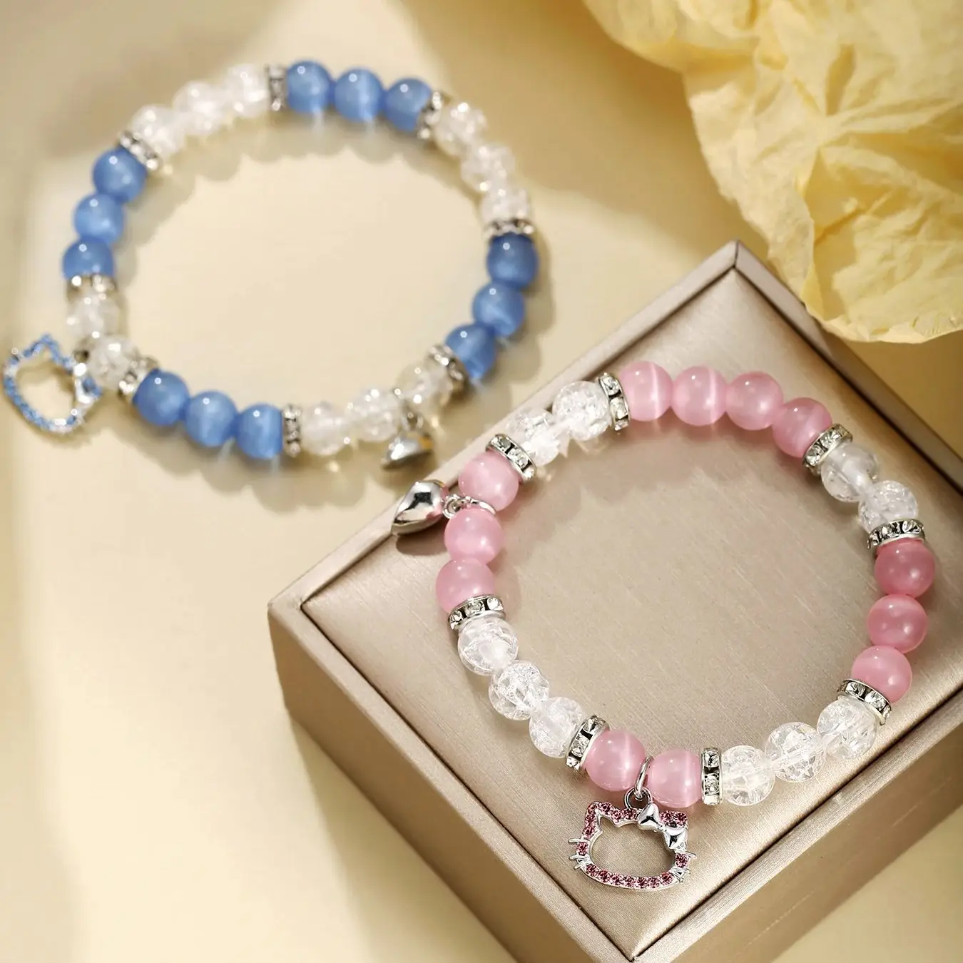 2 pcs of Blue and Pink Beads Cute cat Pendant Heart Shape