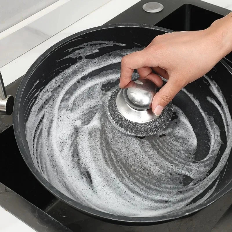 Kitchen Stainless Steel Pot Brush with Handles Dishwashing Wire Ball