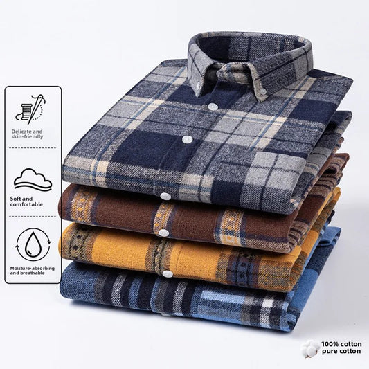Thickened Pure Cotton Flannel Plaid Shirt Men's Long Sleeve Casual
