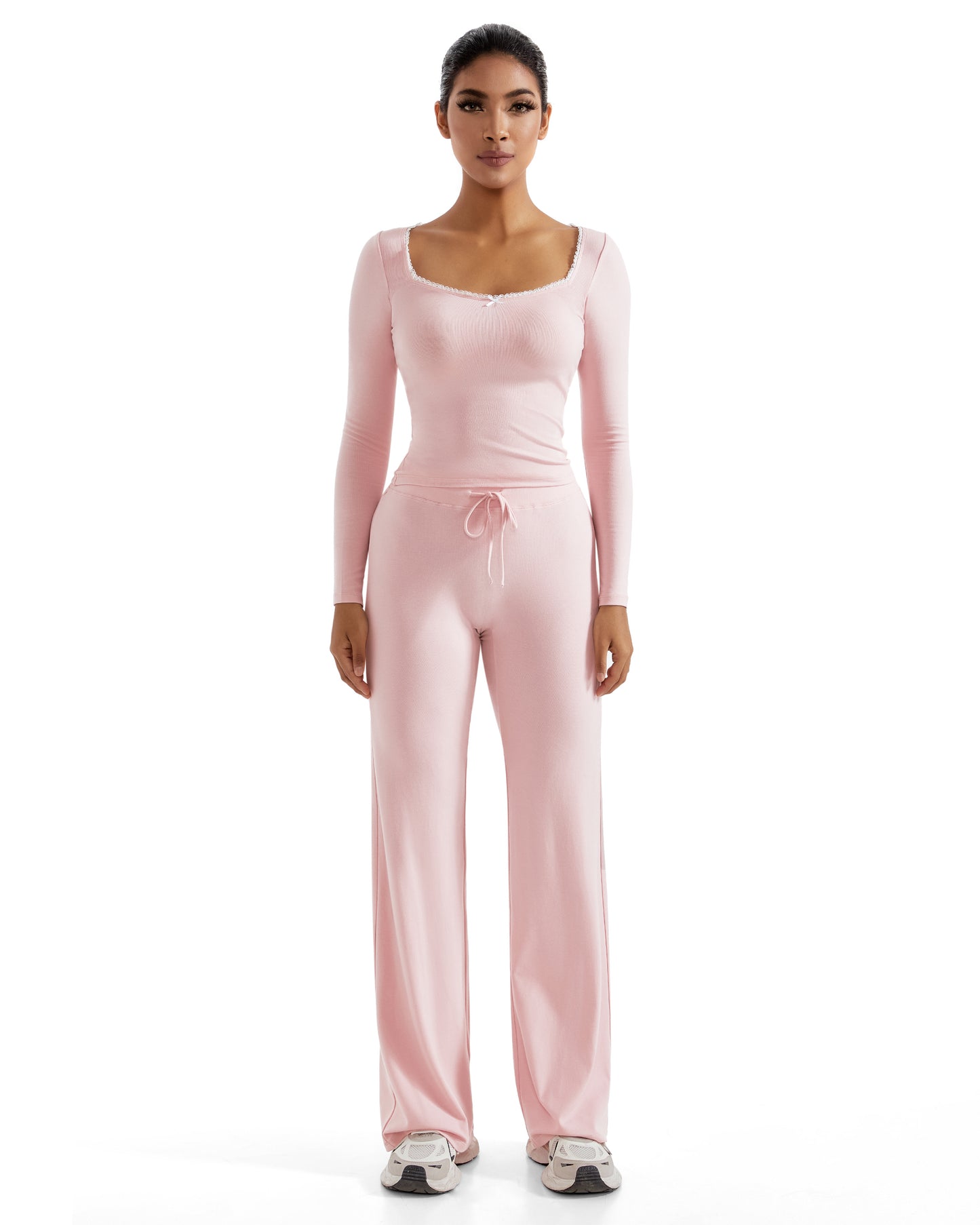 Women Casual Suits 2 Pcs Set Soft Wide Leg Pants Outfit Yoga Suits