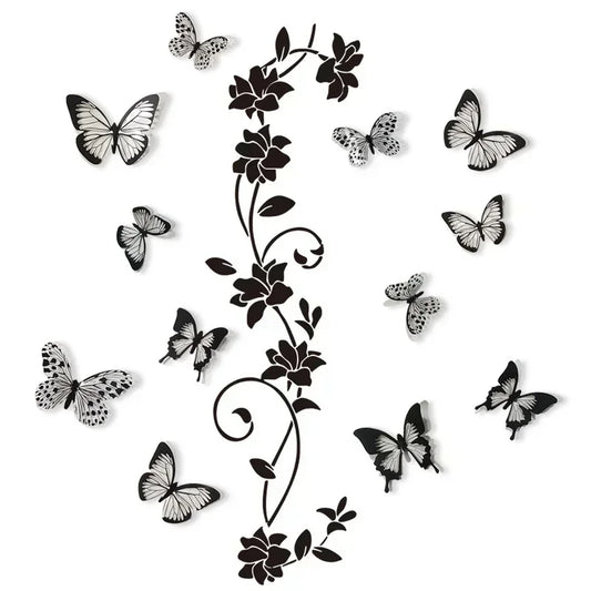 Black Flower Vine 3D Butterfly Wall Sticker Background Wall Bedroom