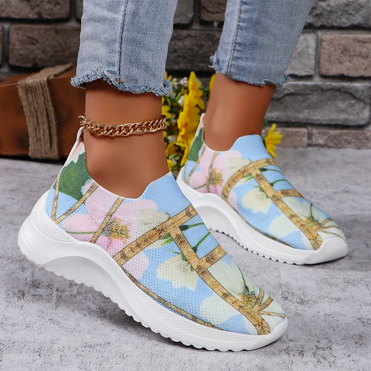 Flower Print Breathable Knitted Sneakers Women
