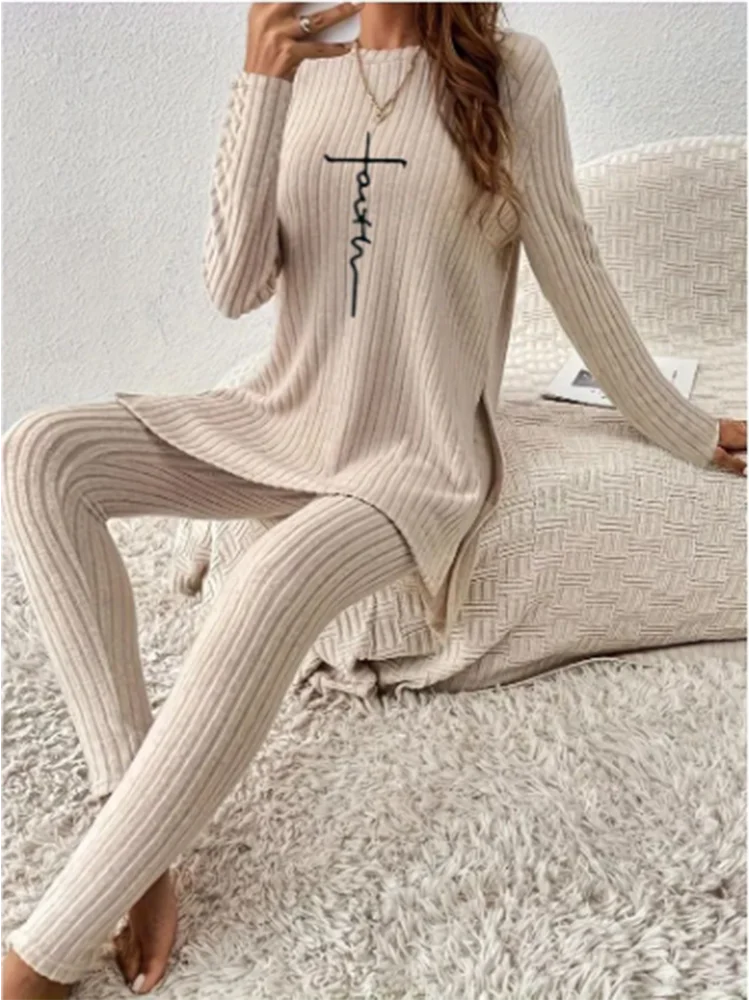 Casual Solid Color Winter Knitted Suit Women Two-Piece