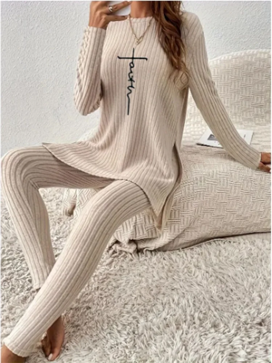 Casual Solid Color Winter Knitted Suit Women Two-Piece