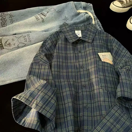 Japanese Vintage Plaid Short Sleeve Shirt Men's Streetwear Loose Fit