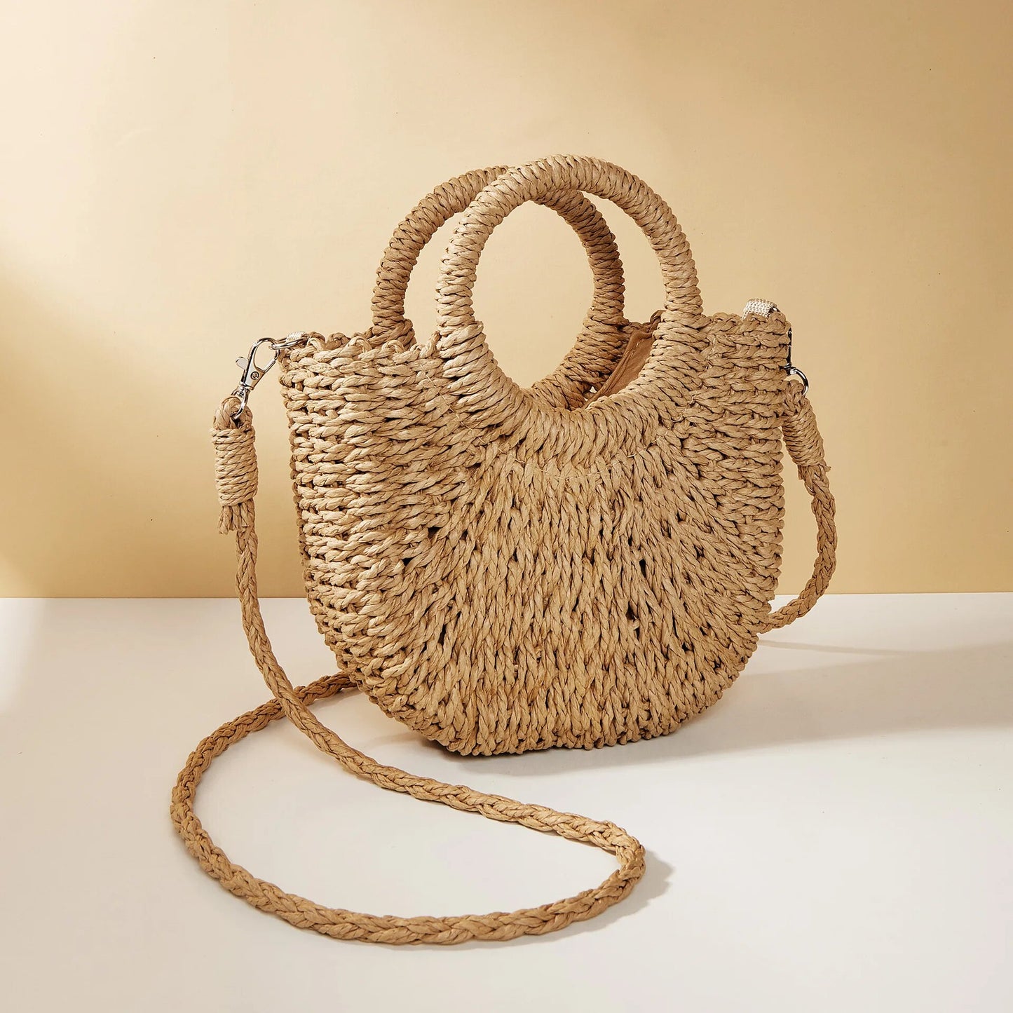 Handwoven Straw Rattan Half-Moon Beach Handbag