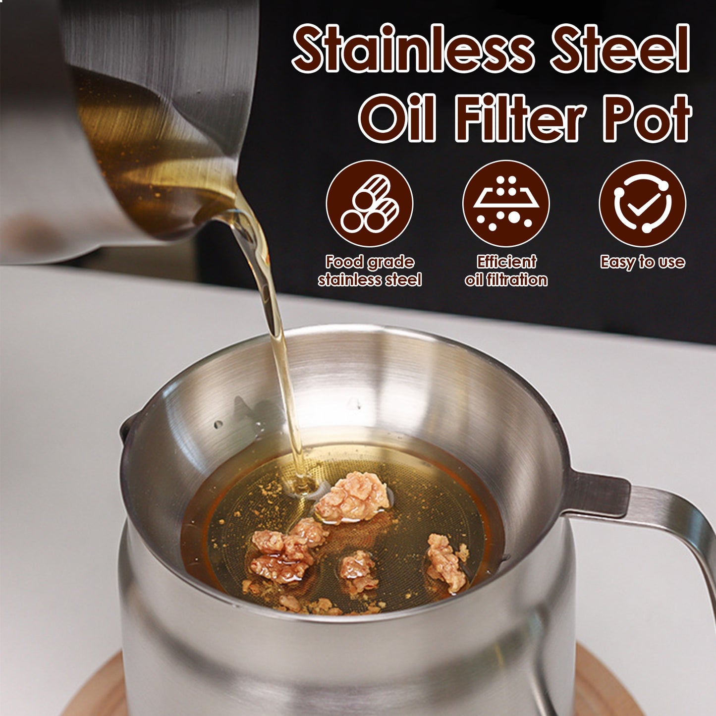 Oil Filter Pot Stainless Steel Oil Strainer Pot with Fine Mesh Strainer