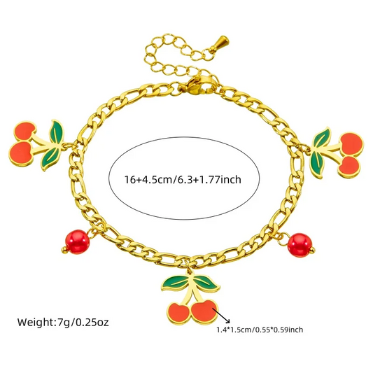 Stainless Steel Red Cherry Fruit Pendant Necklace Earrings Bracelet Set