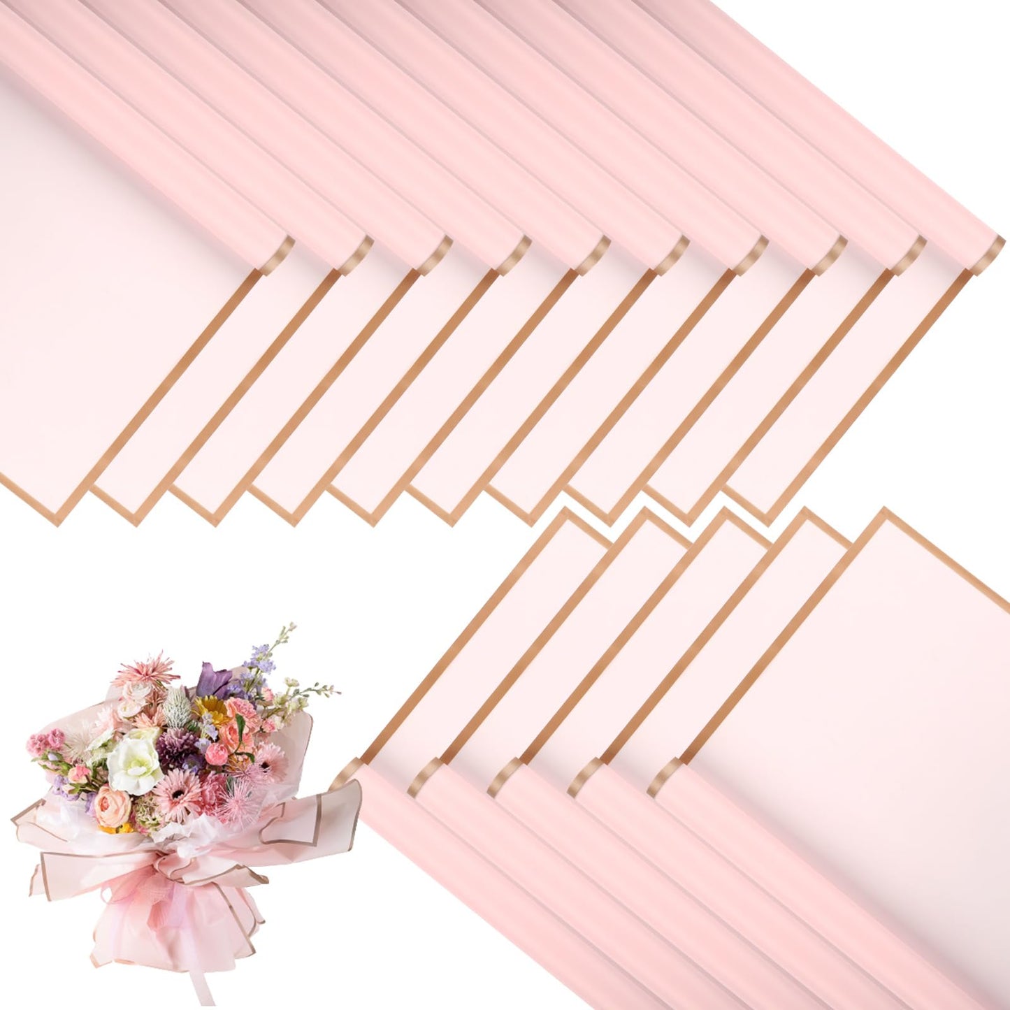 20 Sheets Pink Flower Wrapping Paper with Golden Edges