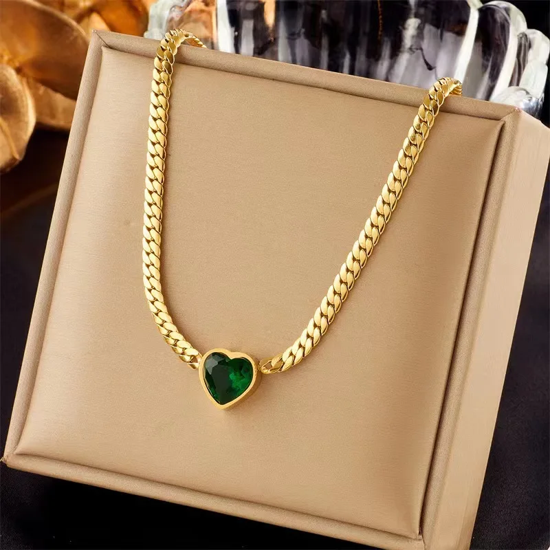 Stainless Steel Heart-Shaped Green White Crystal Pendant Necklace