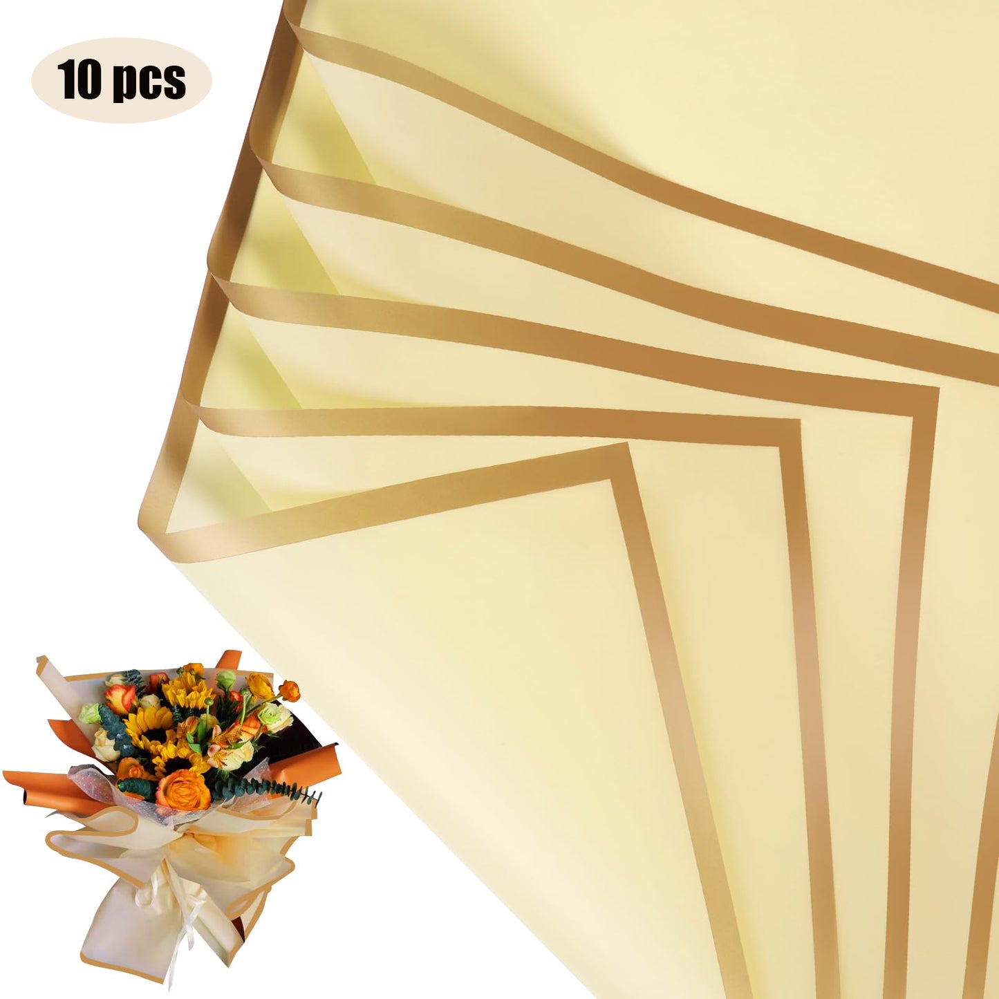 10 Sheets Flower Wrapping Paper with Golden Edges, Waterproof