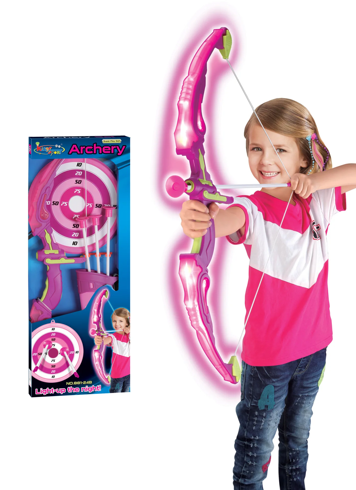 Kids Shooting Set Bow and Arrow Set with Flashing Pink LED Lights