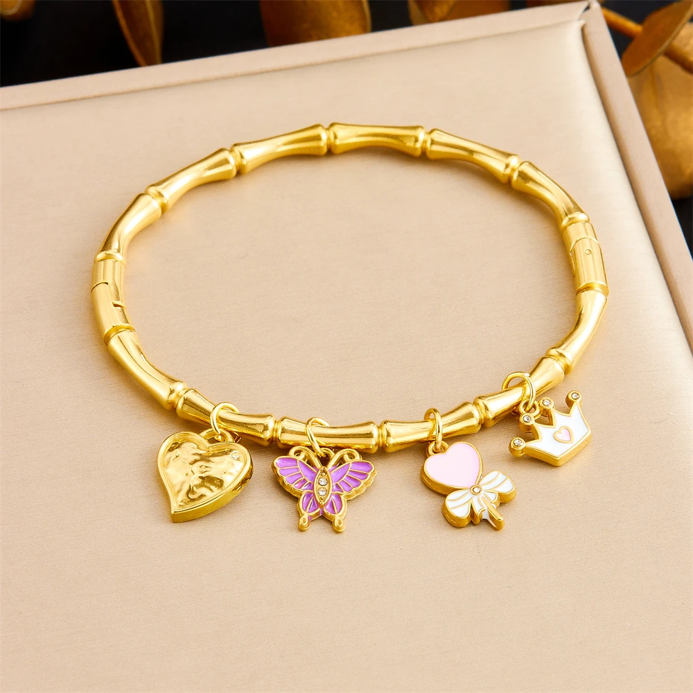 Stainless Steel Dolphin Shell Conch Pendant Bamboo Bangle For Women