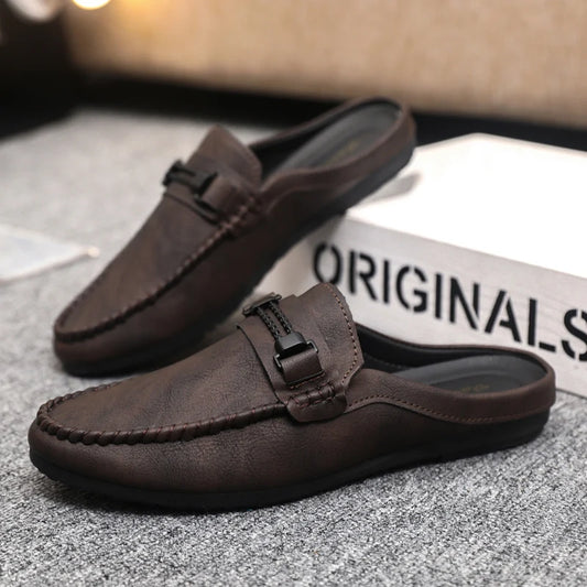 Summer Leather Men Half Slippers Breathable Mens Casual Shoes