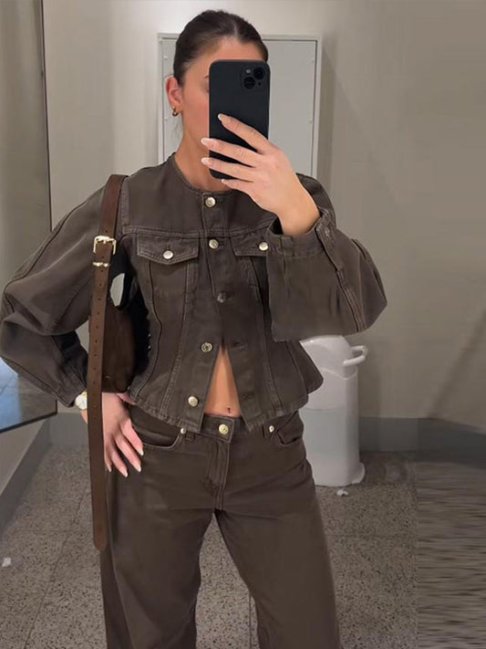 Denim Crop Pants Sets Women Vintage O-neck