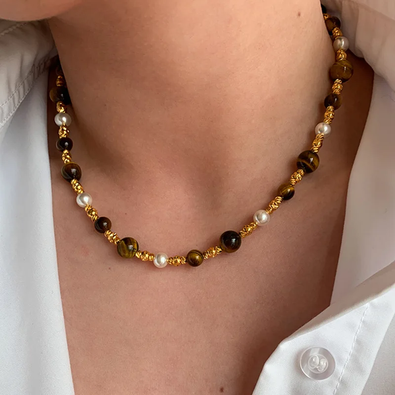 Natural Brown Stone Pearl Collar Chain Necklace