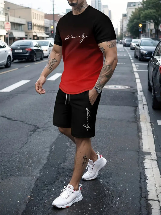 New Men's Outfit Summer Short Sleeve T Shirt Set Fashion 2 Piece