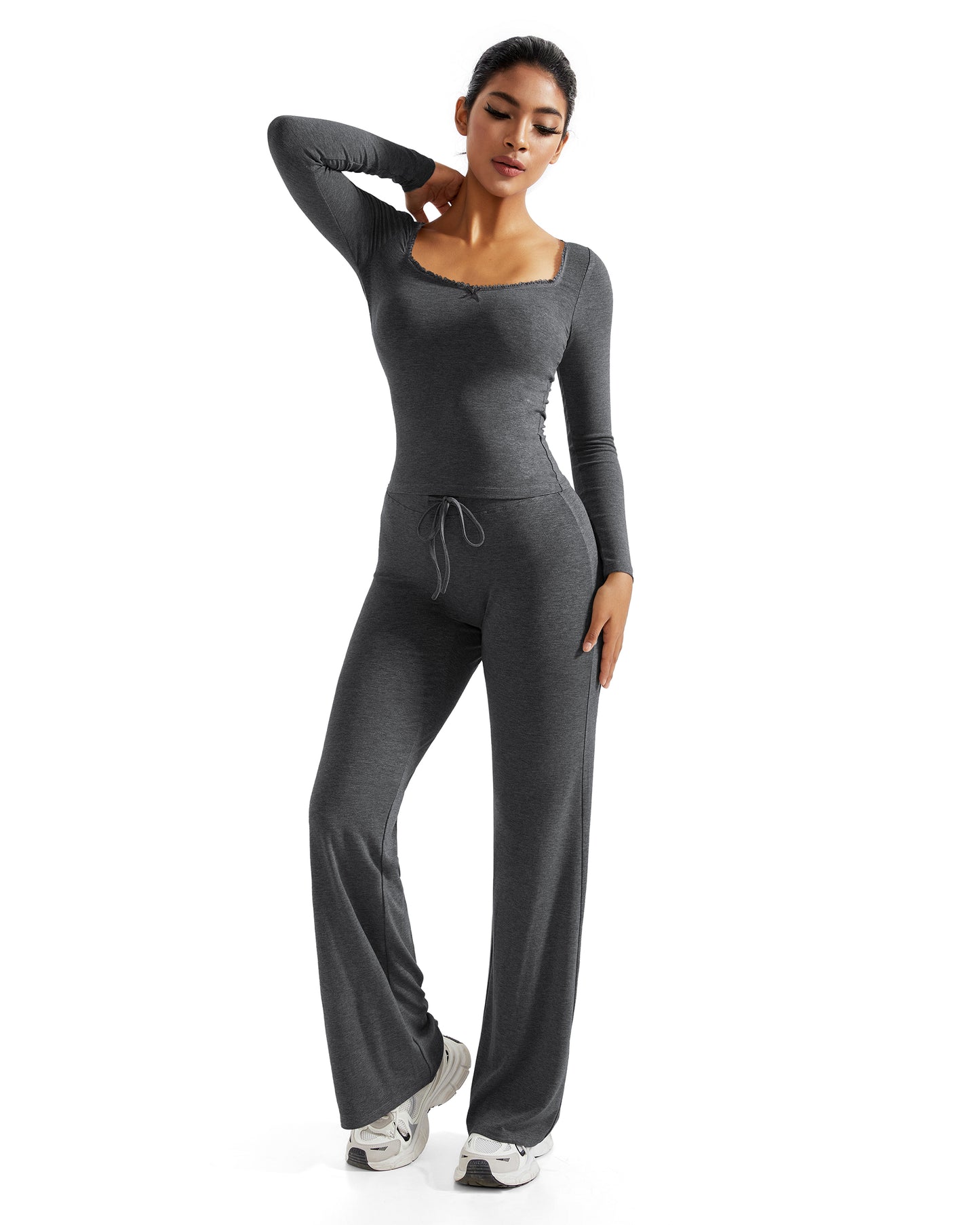 Women Casual Suits 2 Pcs Set Soft Wide Leg Pants Outfit Yoga Suits