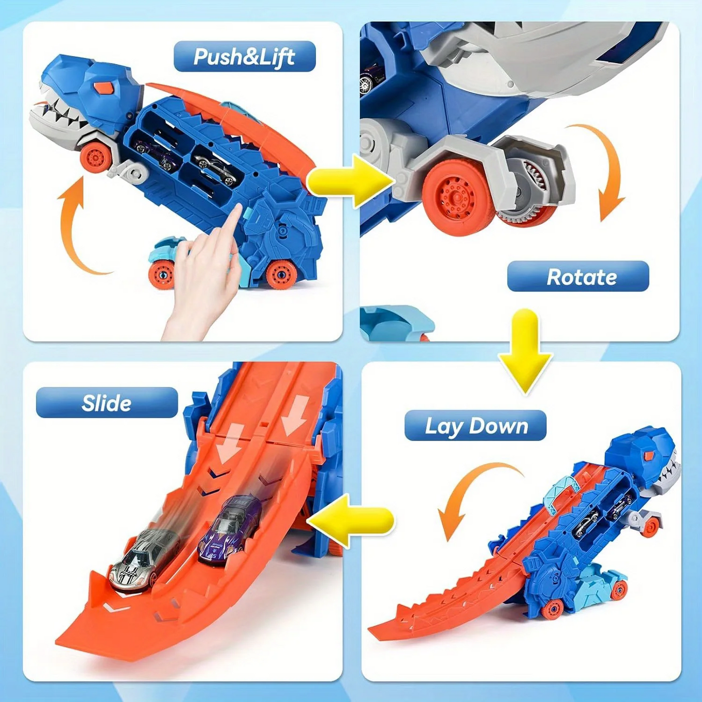 The transport dinosaur truck folds and slides 25 inches