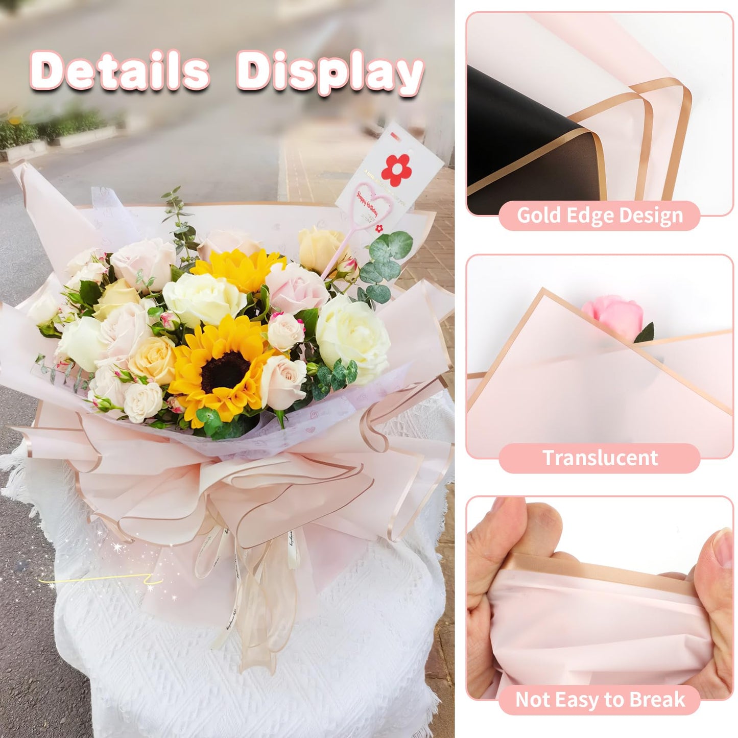 20 Sheets Pink Flower Wrapping Paper with Golden Edges