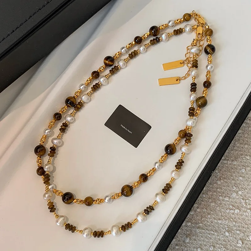 Natural Brown Stone Pearl Collar Chain Necklace