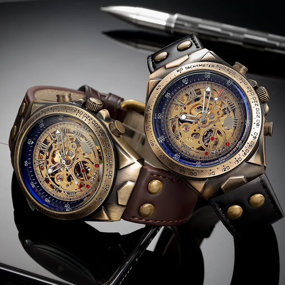 Bronze Retro Skeleton Automatic Mechanical Watch for Men