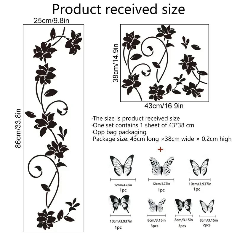 Black Flower Vine 3D Butterfly Wall Sticker Background Wall Bedroom