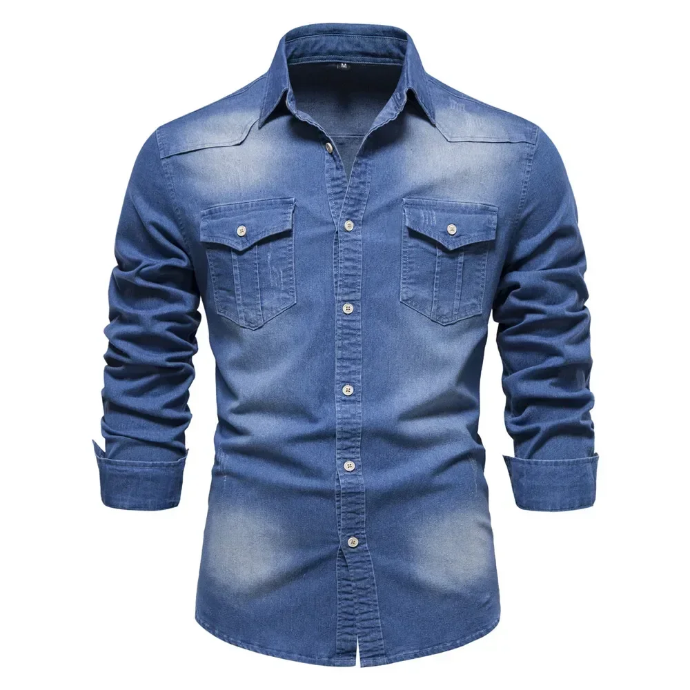 Elastic Cotton Denim Shirt Men Long Sleeve