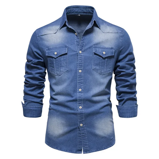 Elastic Cotton Denim Shirt Men Long Sleeve