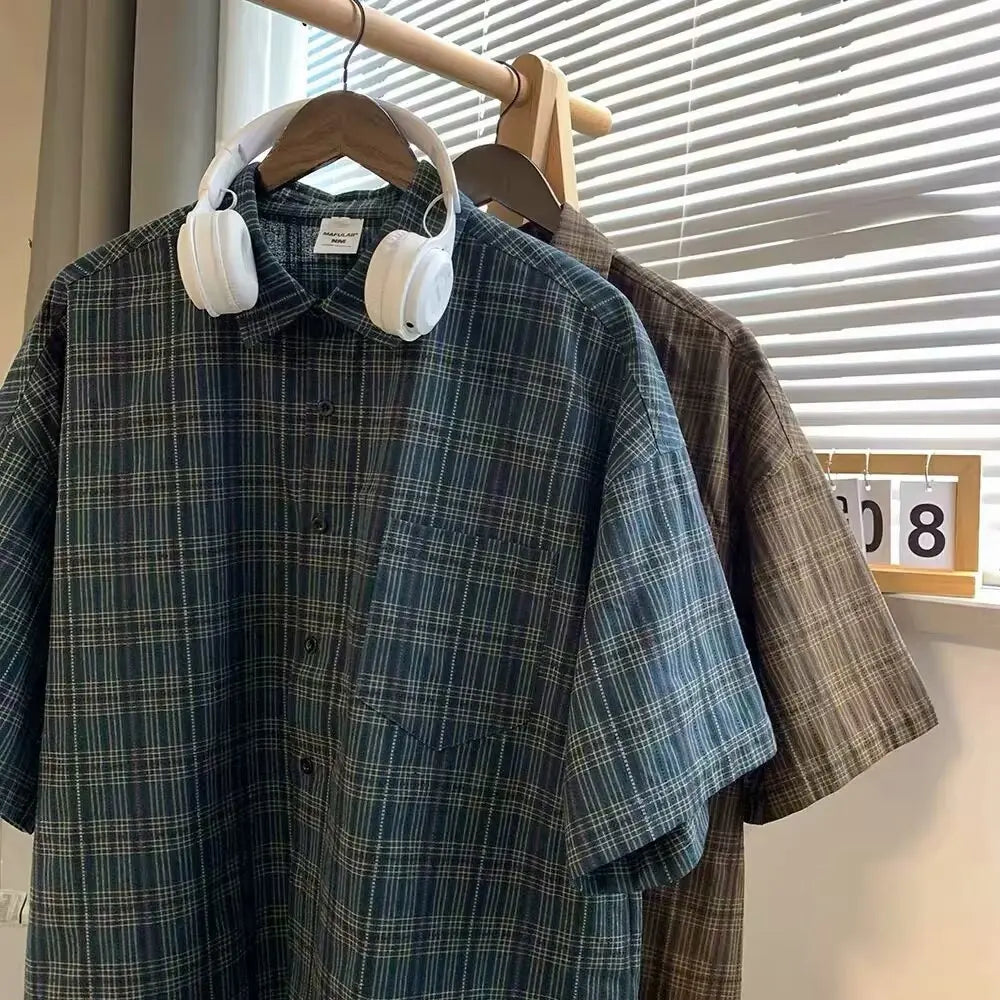 Japanese Vintage Plaid Short Sleeve Shirt Men's Streetwear Loose Fit