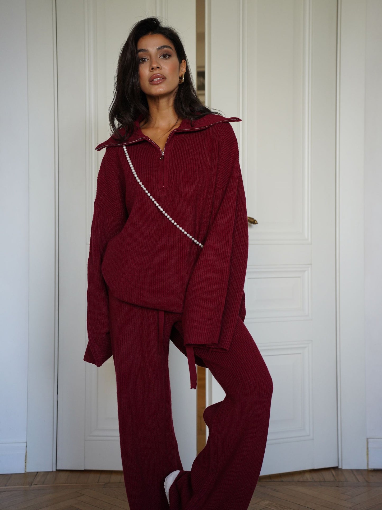 Woolen Suit Solid Color Half Zip Top Two Piece Set