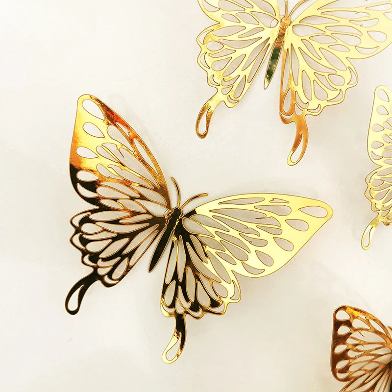 12Pcs/lot New 3D Hollow Golden Silver Butterfly Wall Stickers