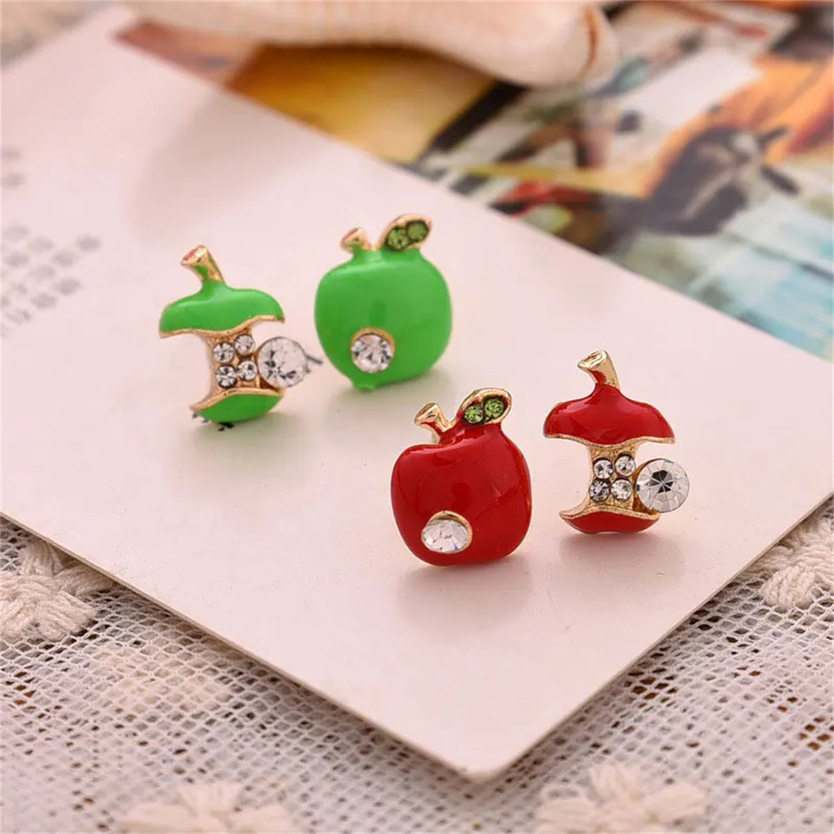 Cute Apples Earrings Women Red Green Asymmetric