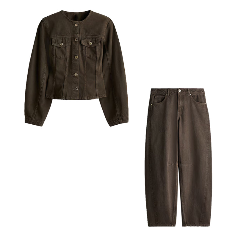 Denim Crop Pants Sets Women Vintage O-neck