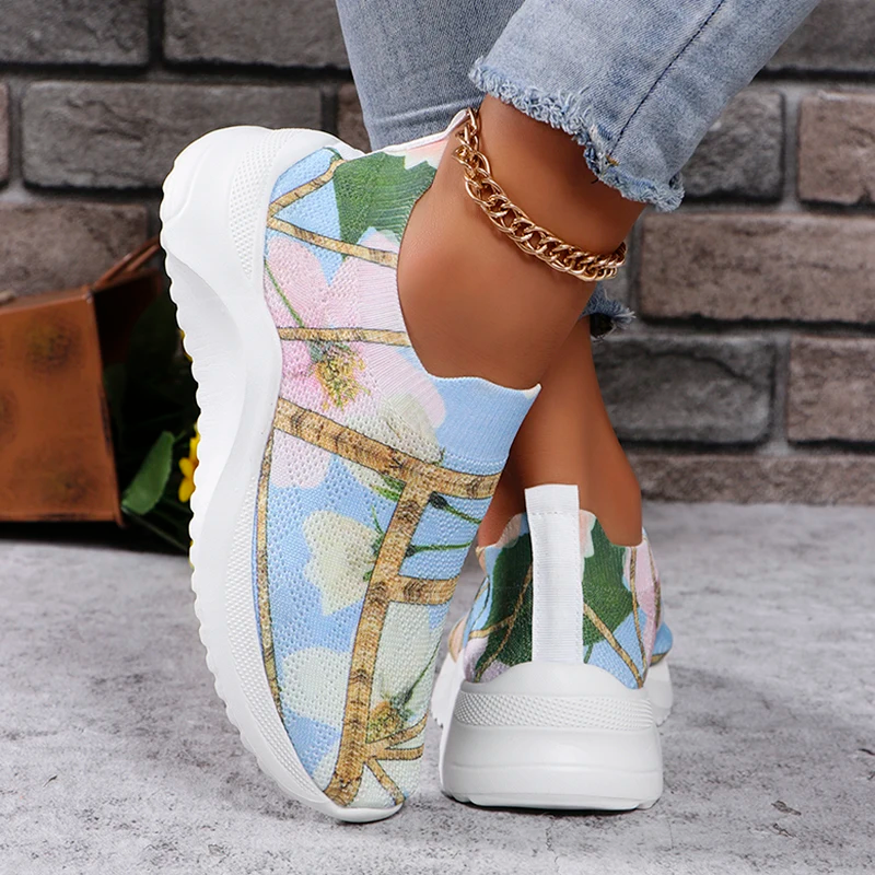 Flower Print Breathable Knitted Sneakers Women