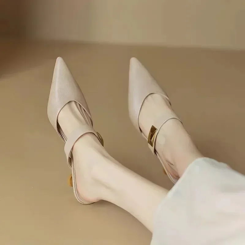 Size 35-42 Women Kitten Heels Mules Golden Rivet Pointed Toe