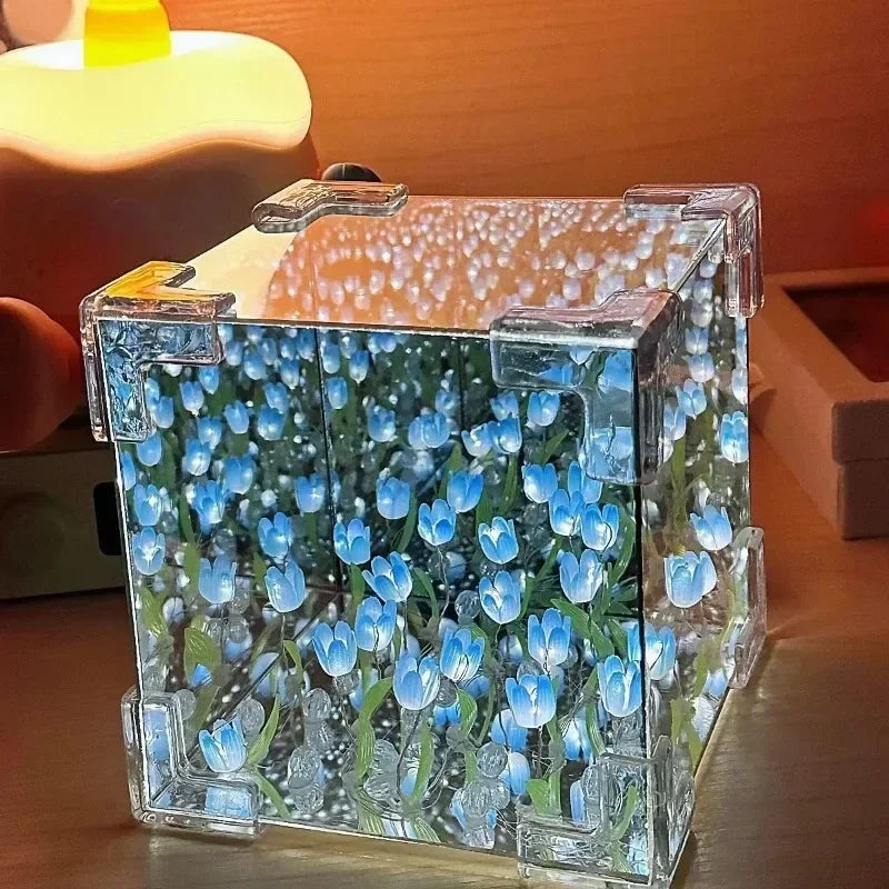 DIY Handmade Tulip Mirror Cube Lamp Simulation Flower
