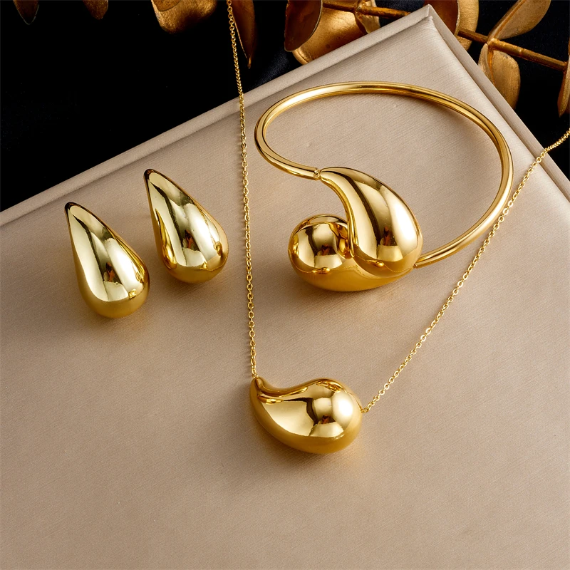 316L Stainless Steel Golden Droplet Shape Necklace Bracelet Earrings Suit
