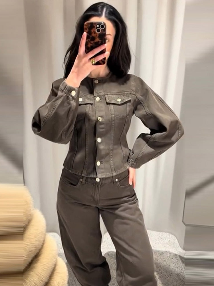 Denim Crop Pants Sets Women Vintage O-neck