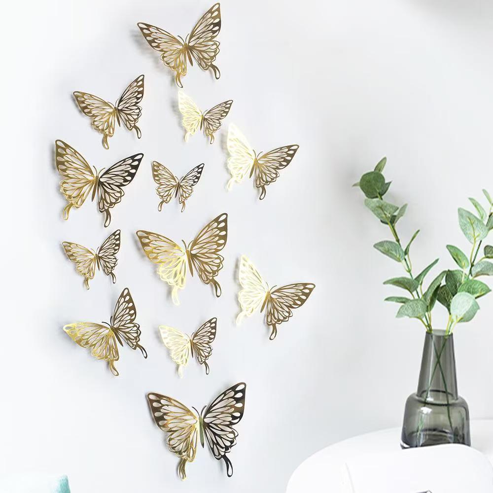 12Pcs/lot New 3D Hollow Golden Silver Butterfly Wall Stickers