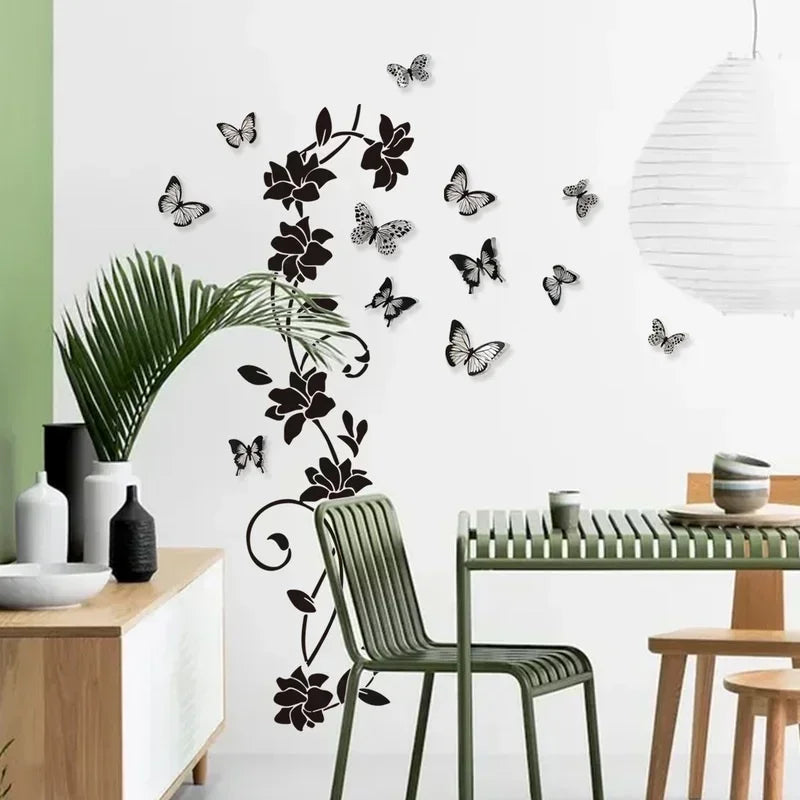 Black Flower Vine 3D Butterfly Wall Sticker Background Wall Bedroom