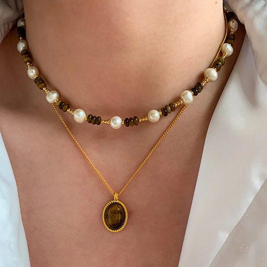 Natural Brown Stone Pearl Collar Chain Necklace