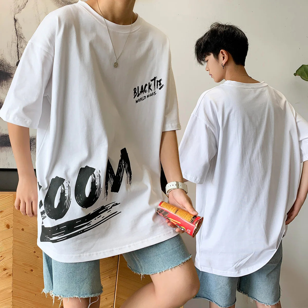 Trendy Men's Short Sleeve T-Shirt Loose Fit Hong Kong Style