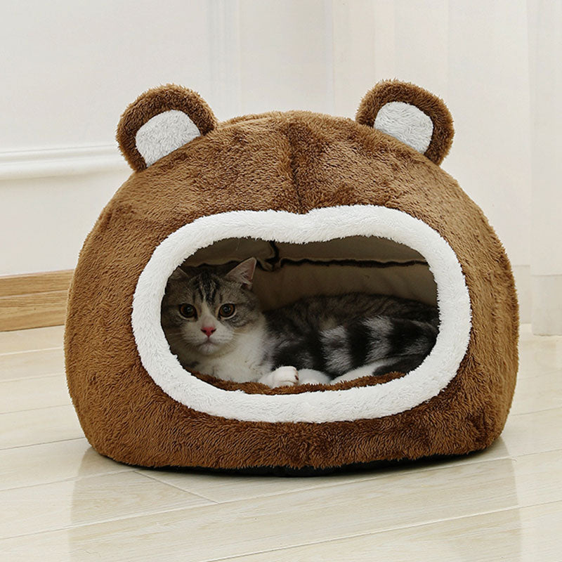 Funny Cat Bed Warm Pet House Soft Long Plush Kitten Lounger Cushion