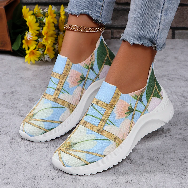 Flower Print Breathable Knitted Sneakers Women