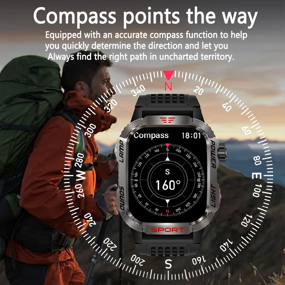 Smart Watch Men Flashlight Compass Waterproof Outdoor Sport Tracker Bluetooth Call Smartwatch